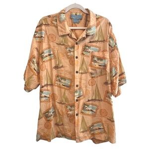 Bermuda Bay Mens Silk Hawaiian Shirt Resortwear Map Sailboat Peach Travel  XXL